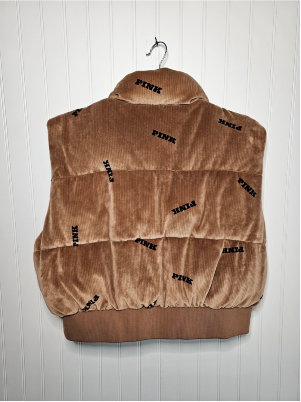 Victoria's Secret PINK Velour Puffer Vest Crop Ribbed Caramel Brown Logo XL Y2K - Picture 6 of 6
